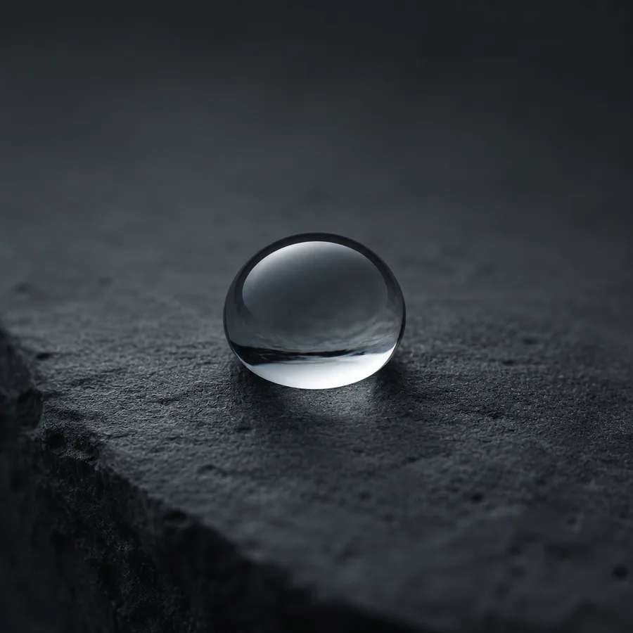 A single clear droplet of water resting on dark stone