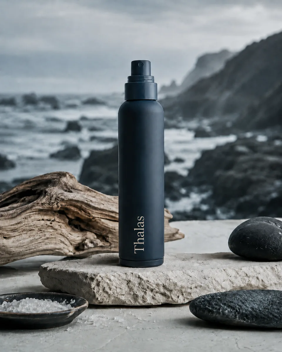 The Thalas bottle on stone at a cold, rocky Pacific coastline
