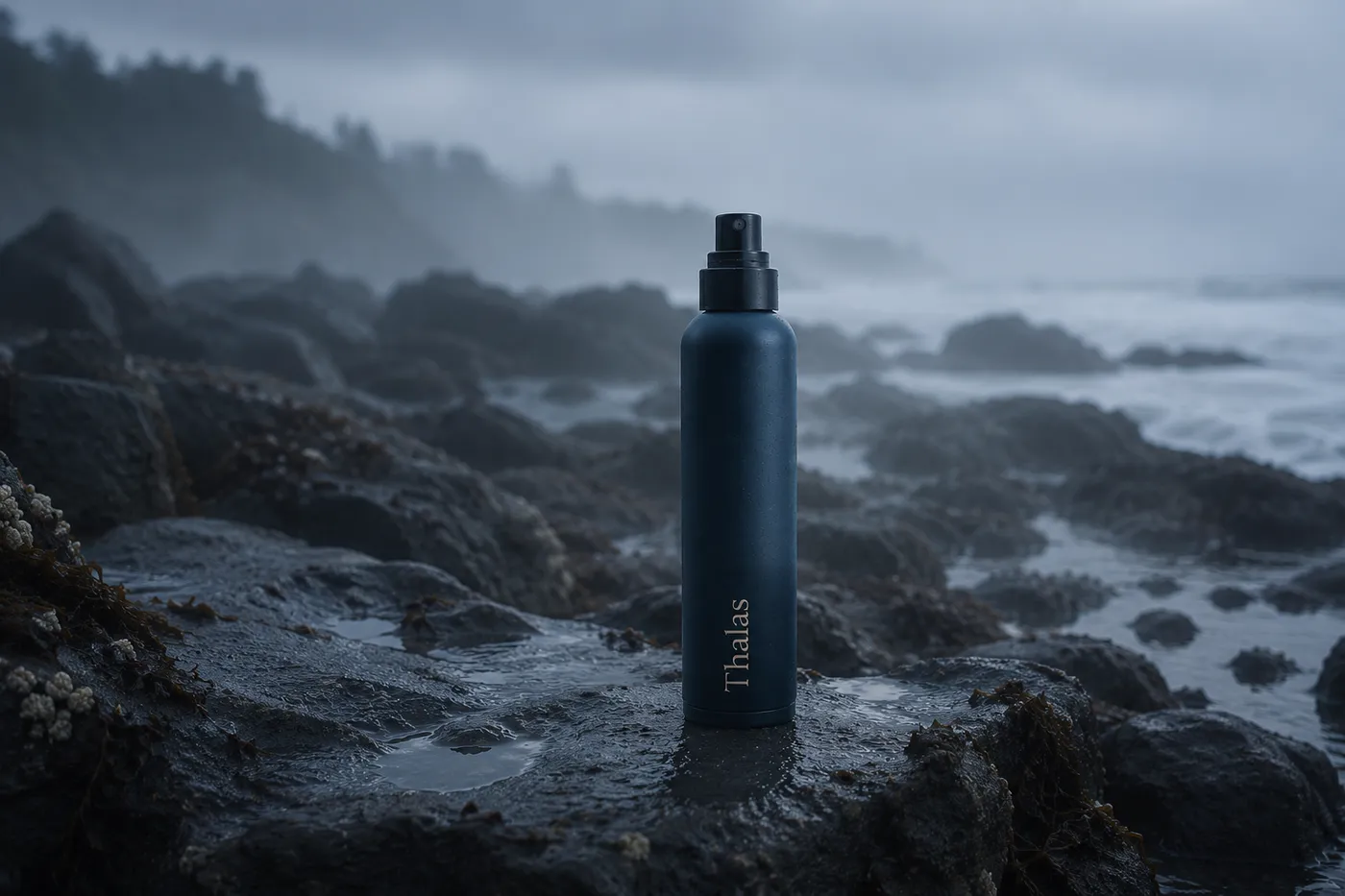 The Thalas bottle on wet rocks against a cold, fog-bound Kona coastline