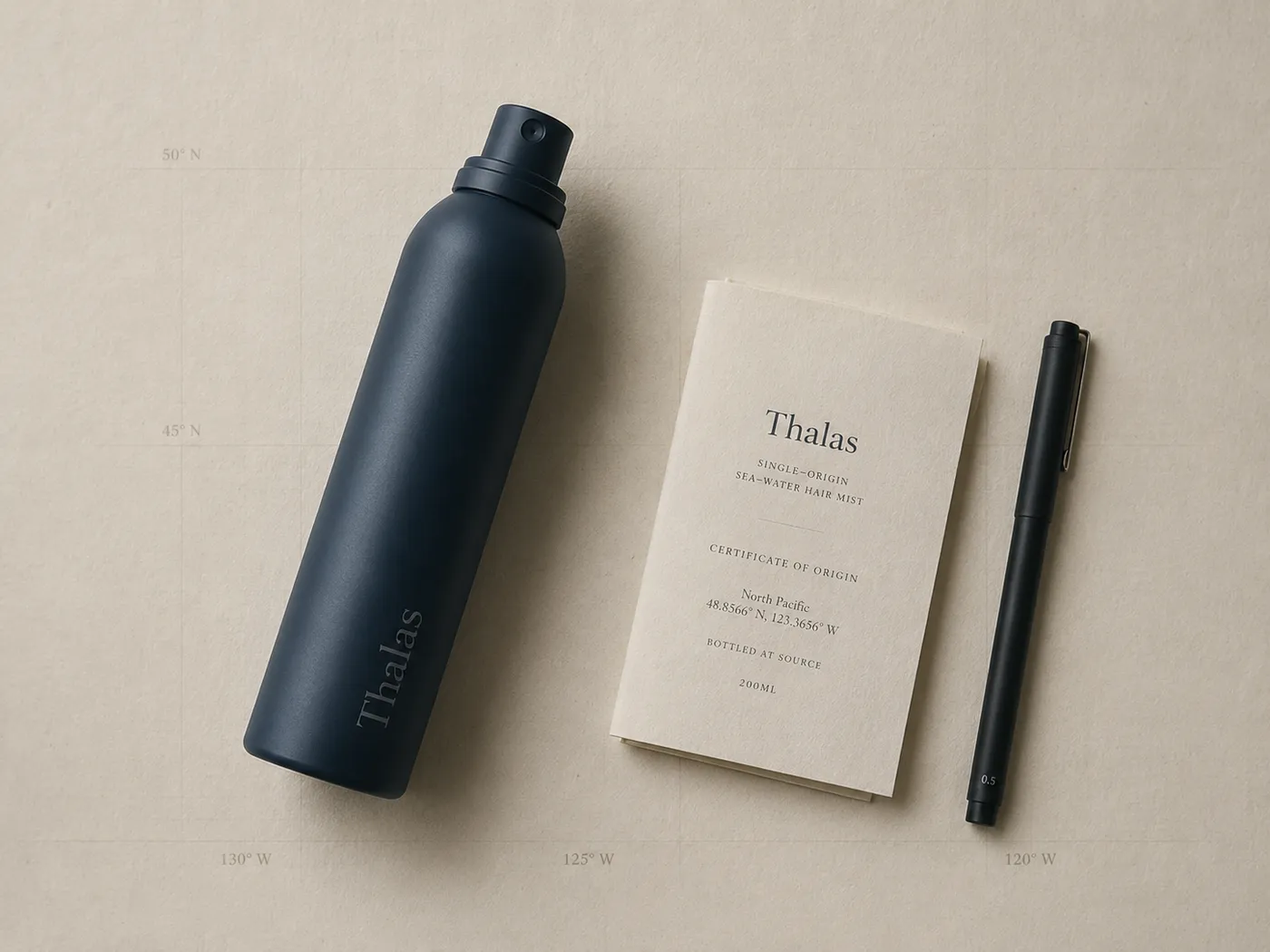 The Thalas bottle beside a printed certificate of origin